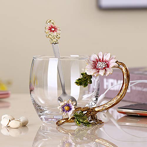 Enamel Sunflower Crystal Lead-Free Glass Tea Cup with Spoon Set, Present for The Christmas, Valentine's Day.Best Present for Mother, Grandma, Girlfriend, Sister.