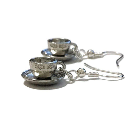 Cute Tea Cup and Saucer Silver Tone Earrings