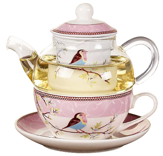 Glass Teapot with a Fine China Infuser Strainer, Cup and Saucer Set, Teapot and Teacup for One, Tea for one #05 (Pink)