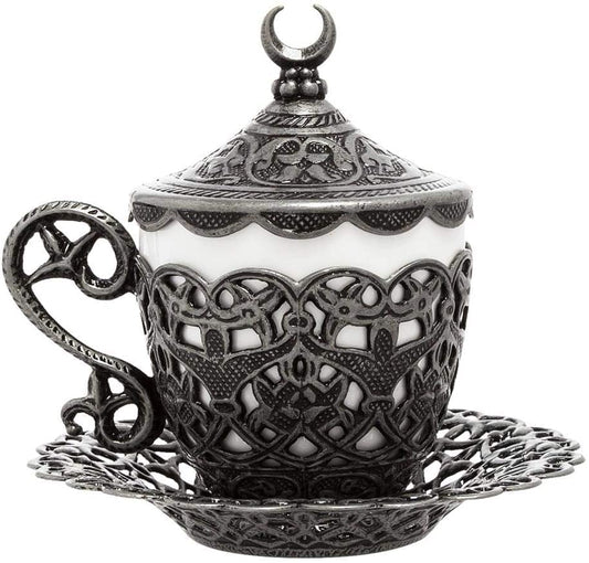 Turkish Coffee Cup - Traditional Design with Crescent Motif, Porcelain Cup and Saucer for Turkish, Greek, Arabic Coffee and Espresso (Gelincik) (Black)