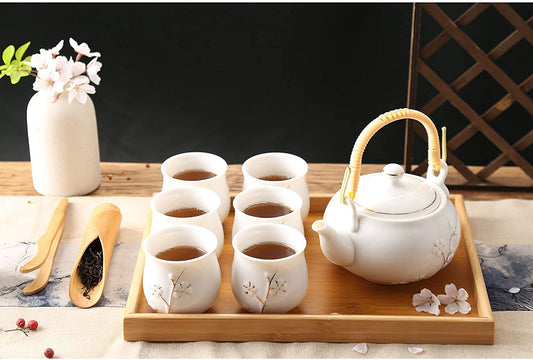 Japanese White Porcelain Tea Set with 1 Teapot Set, 6 Tea Cups, 1 Tea Tray, 1 Stainless Infuser, Cute Asian Tea Set for Tea Lover/Women/Men (Plum in Golden)