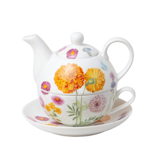 Grace Teaware Porcelain 4-Piece Tea For One (Orange Dahlia Floral)