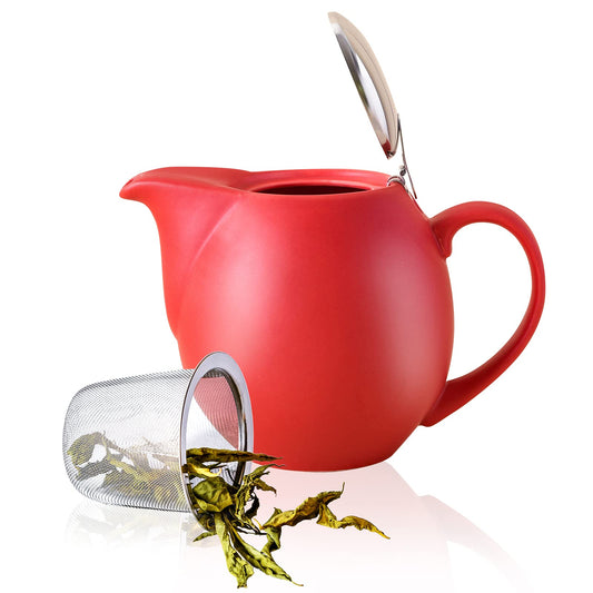 32 ounce Red Porcelain Tea Pot - Stainless Steel Lid and Fine Infuser To Brew Loose Leaf Tea, Enough For 4 Cups