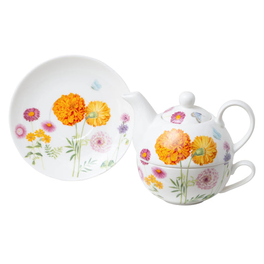 Grace Teaware Porcelain 4-Piece Tea For One (Orange Dahlia Floral)