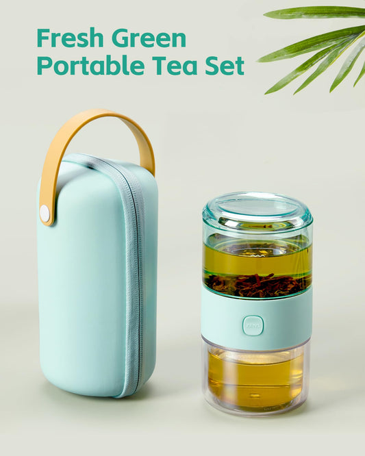 Small Travel Glass Tea Infuser Teapot, 3-in-1 Smart One Touch Tea Maker for Loose Leaf Tea Steeper, Solo Simple Gong Fu Tea Strainer with Insulated Tea Cup for Hot Tea Diffuser, Tea Gifts