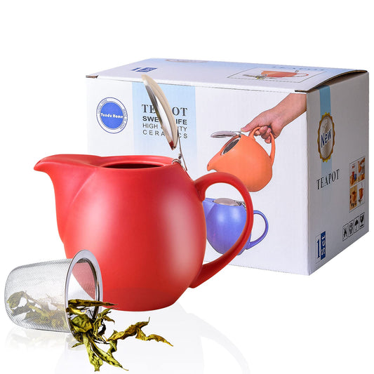 32 ounce Red Porcelain Tea Pot - Stainless Steel Lid and Fine Infuser To Brew Loose Leaf Tea, Enough For 4 Cups