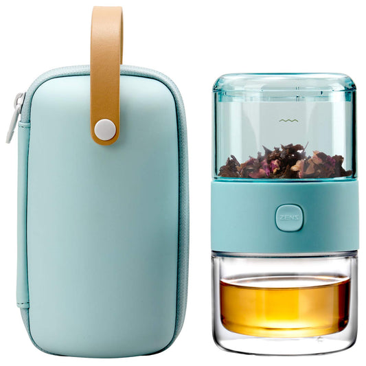 Small Travel Glass Tea Infuser Teapot, 3-in-1 Smart One Touch Tea Maker for Loose Leaf Tea Steeper, Solo Simple Gong Fu Tea Strainer with Insulated Tea Cup for Hot Tea Diffuser, Tea Gifts