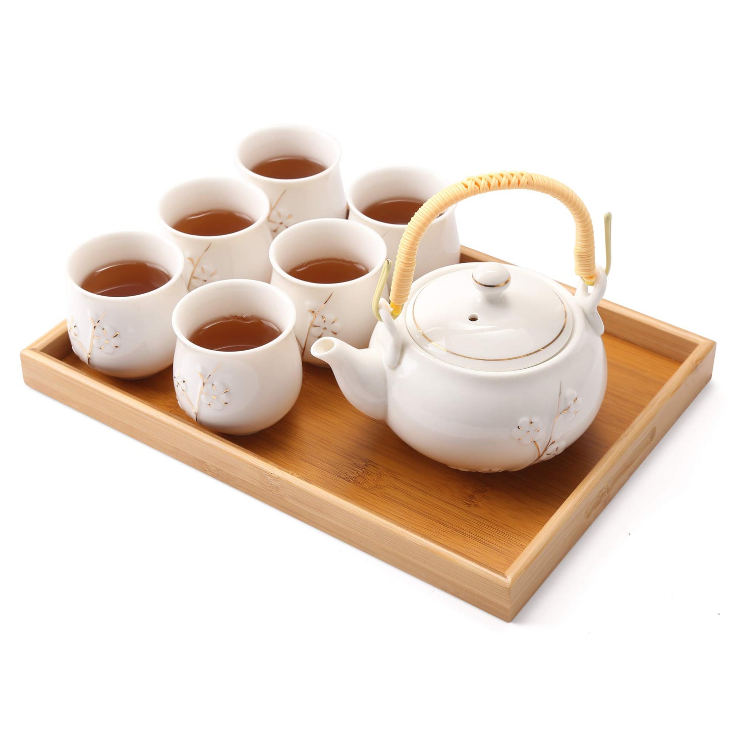 Japanese White Porcelain Tea Set with 1 Teapot Set, 6 Tea Cups, 1 Tea Tray, 1 Stainless Infuser, Cute Asian Tea Set for Tea Lover/Women/Men (Plum in Golden)