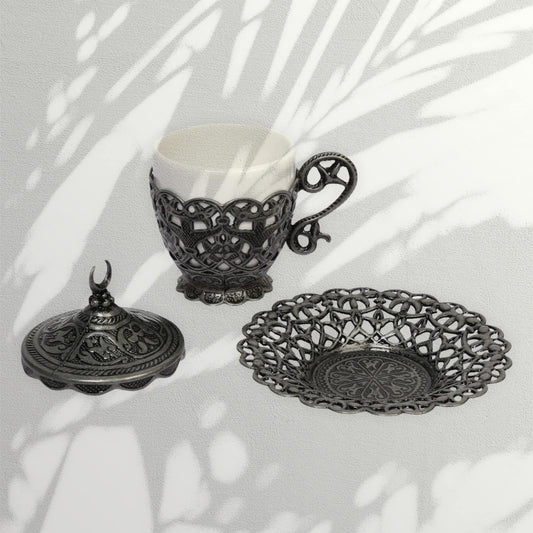 Turkish Coffee Cup - Traditional Design with Crescent Motif, Porcelain Cup and Saucer for Turkish, Greek, Arabic Coffee and Espresso (Gelincik) (Black)